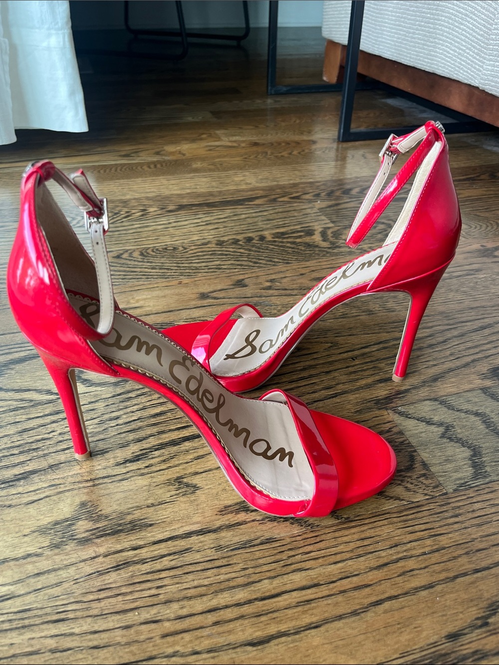 Sam Edelman Bright Red Patent Ankle-Strap Stiletto Heels - Picture 3 of 5
